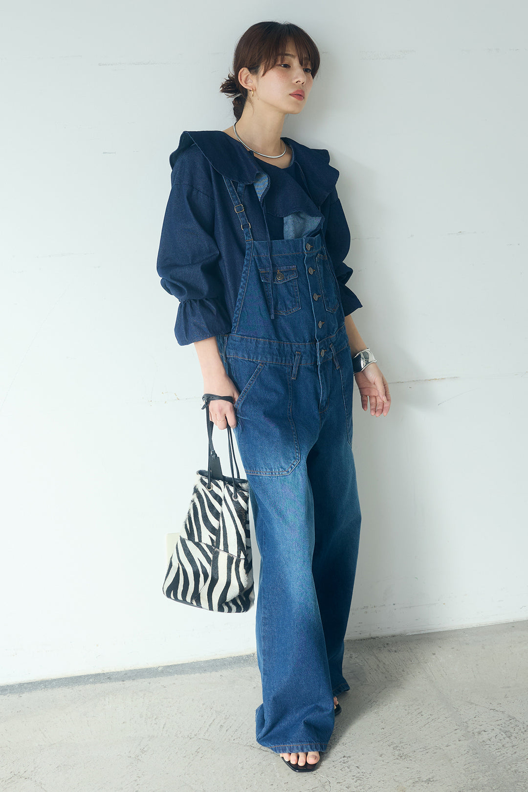 [SET]デニムフリルブラウス+デニムサロペットワイドパンツ(2set)