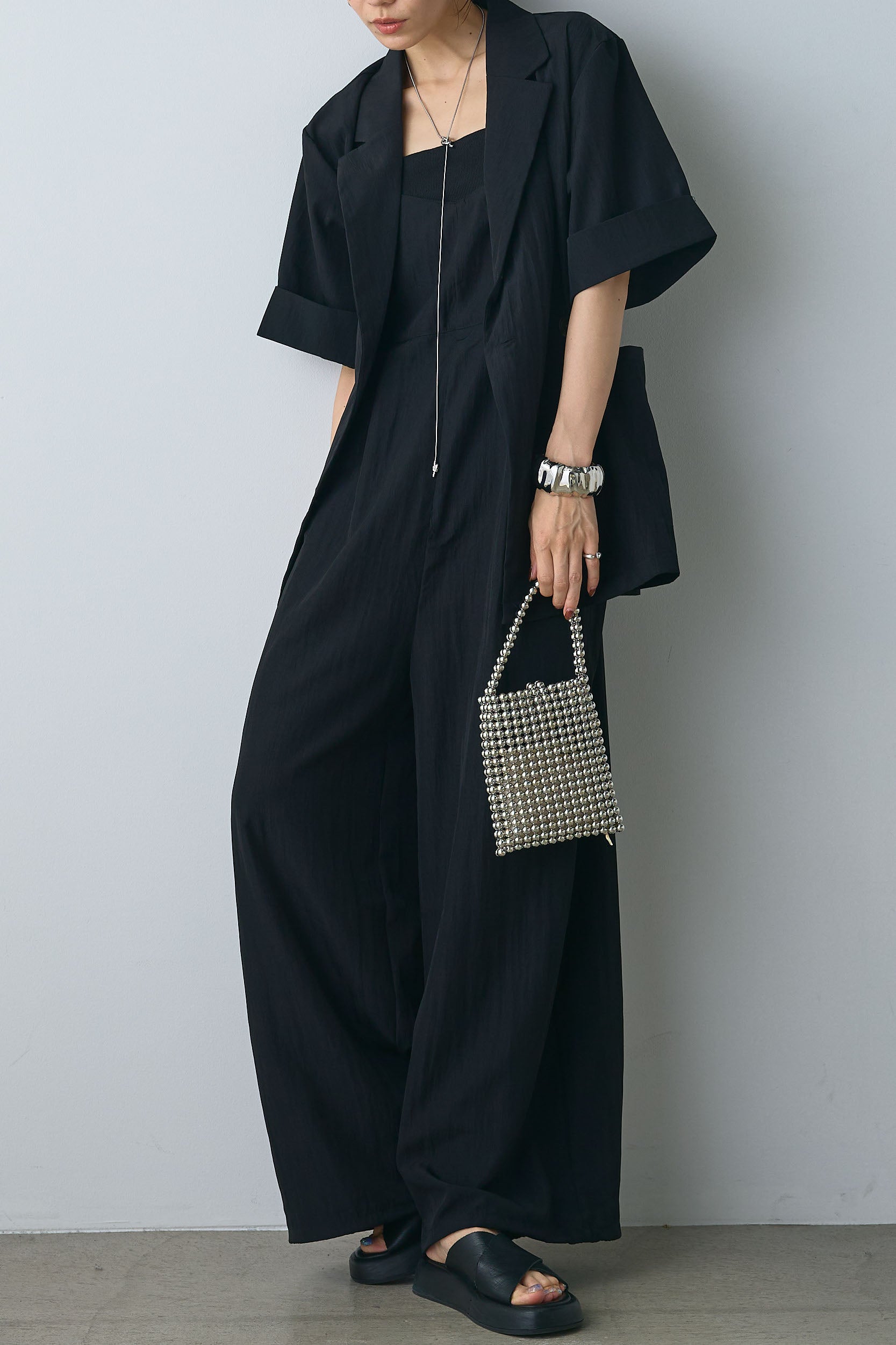 【esica】リネンライク半袖ダブルジャケット+リネンライクビスチェ風サロペット esica】リネンライク半袖ダブルジャケット+リネンライクビスチェ