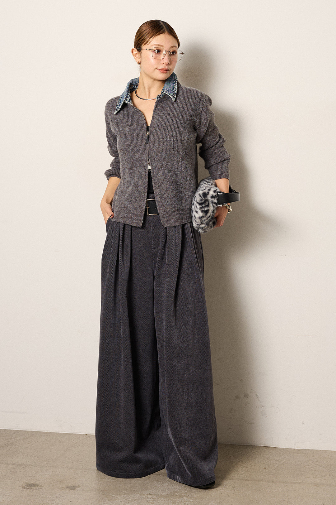 [SET]デニム襟ダブルジップニットトップス+ベルトループコーデュロイワイドパンツ(2set)