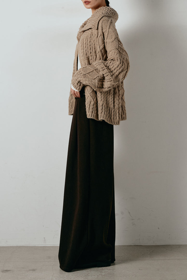 [SET]ビッグカラーケーブル編みニットトップス+2WAY袖コード刺繍クルーネックプルオーバー+フェイクレザー太ベルト付きタックワイドパンツ(3set)