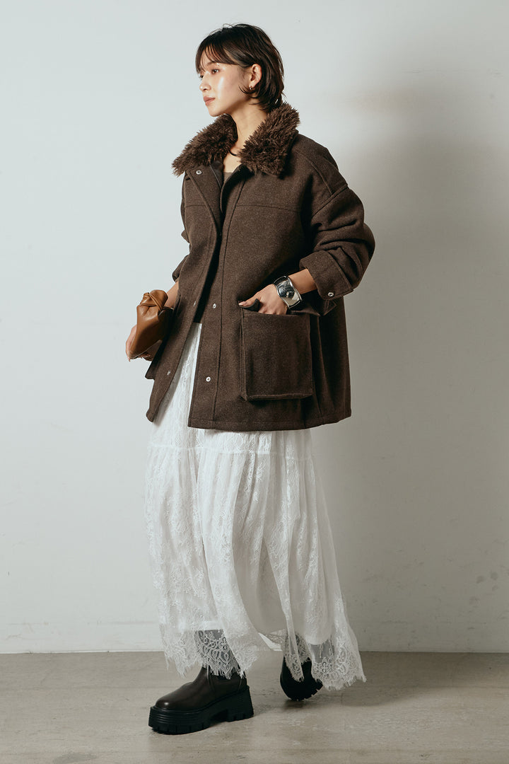 [SET]エコウール衿ファー薄中綿入りミドルカバーオール+ひげレース切替ロング丈スカート(2set)