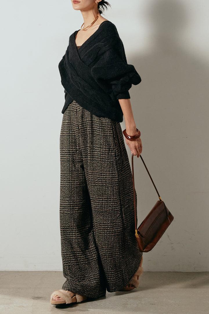 [SET]ケーブルカシュクールニットトップス+前後2wayグレンチェック柄スカーチョサロペット(2set)