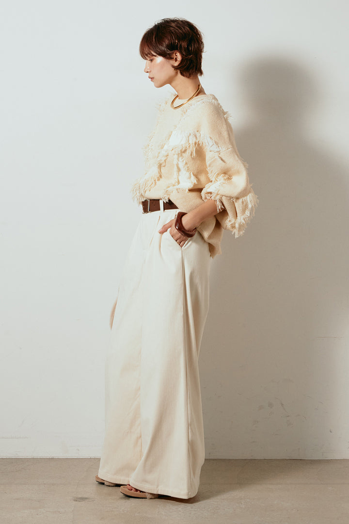 [SET]シャギージャガードニットトップス+太ベルト付きコーデュロイタックパンツ(2set)