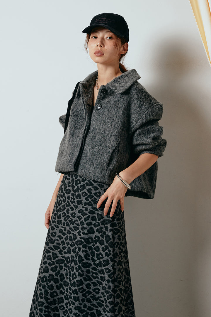 [SET]シャギーショートジャケット+レオパードロングスカート(2set)