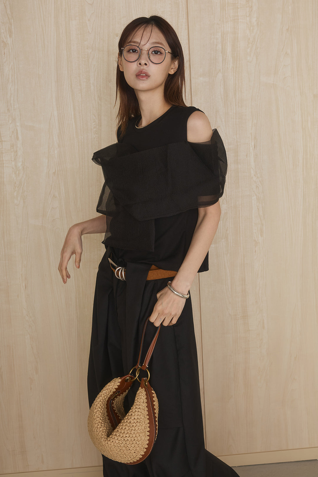 [SET]シアーレイヤーデザインカットソー+ベルトループワイドパンツ(2set)