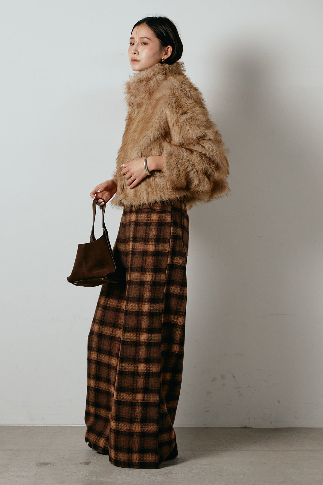 [SET]エコファーショート丈ブルゾン+ルーズタータンチェックワイドパンツ(2set)