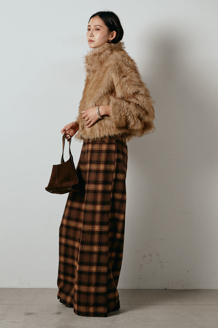 [SET]エコファーショート丈ブルゾン+ルーズタータンチェックワイドパンツ(2set)