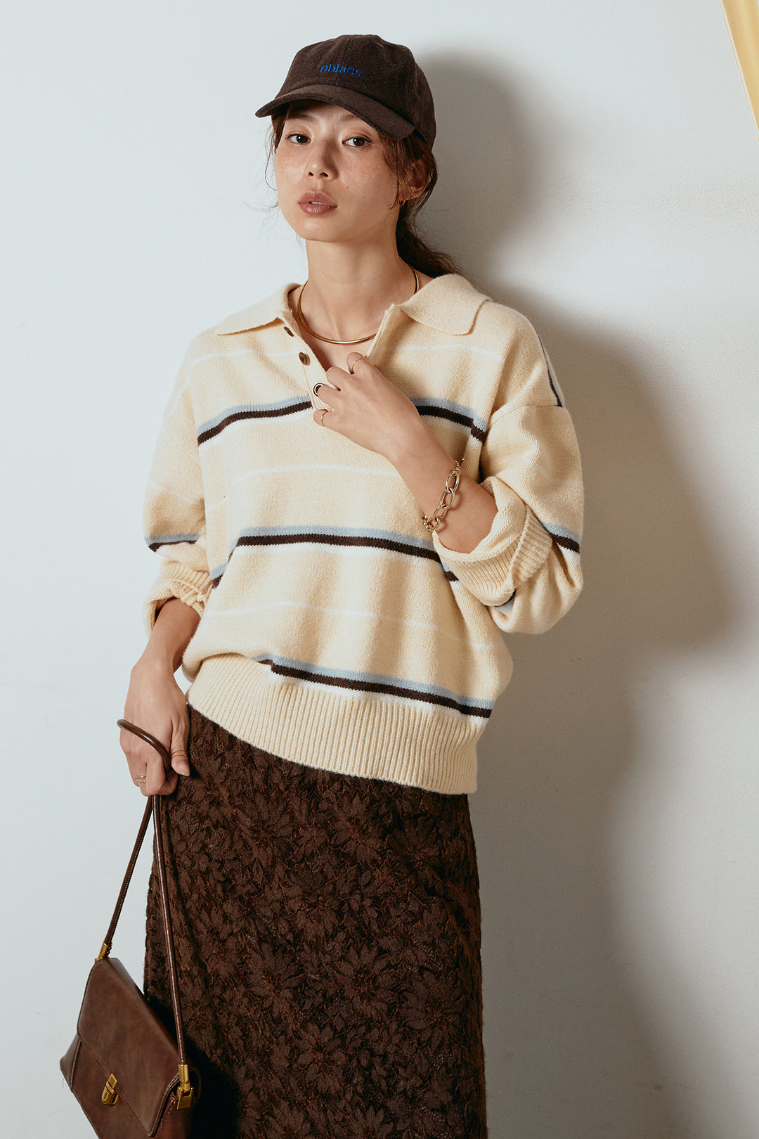 [SET]襟付きマルチボーダーニットポロトップス+花柄刺繍ベロアフレアスカート(2set)