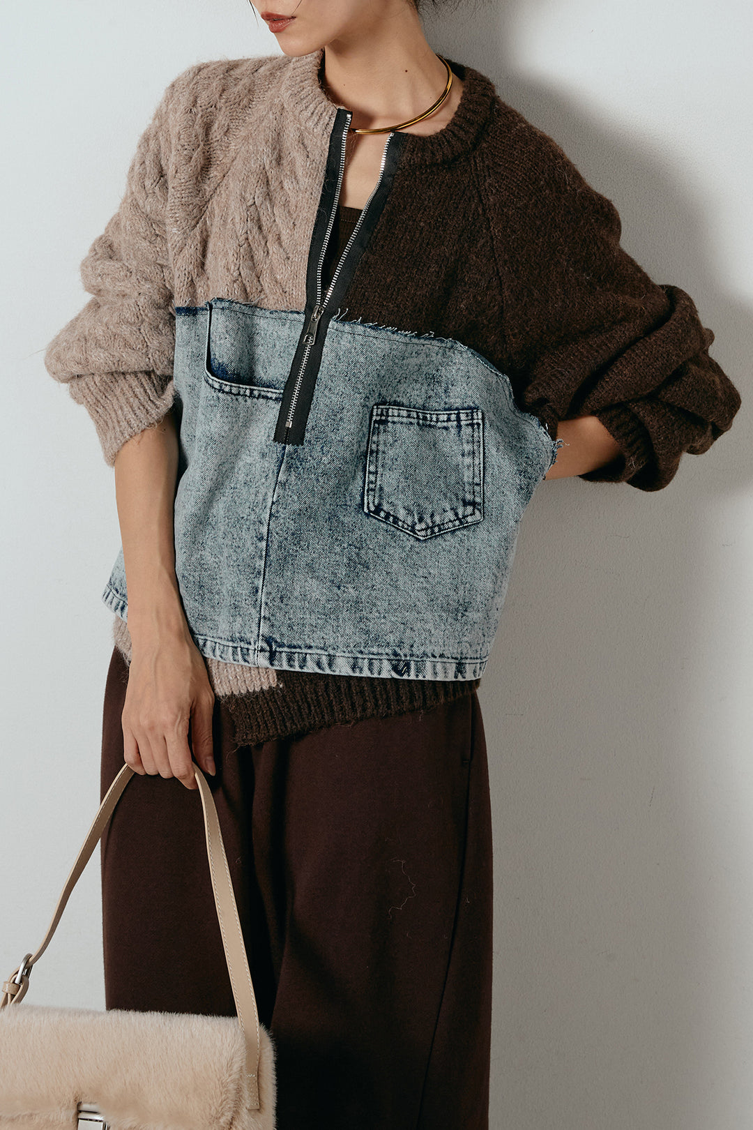 [SET]ハーフジップニットデニムドッキングトップス+裏起毛スウェットワイドパンツ(2set)