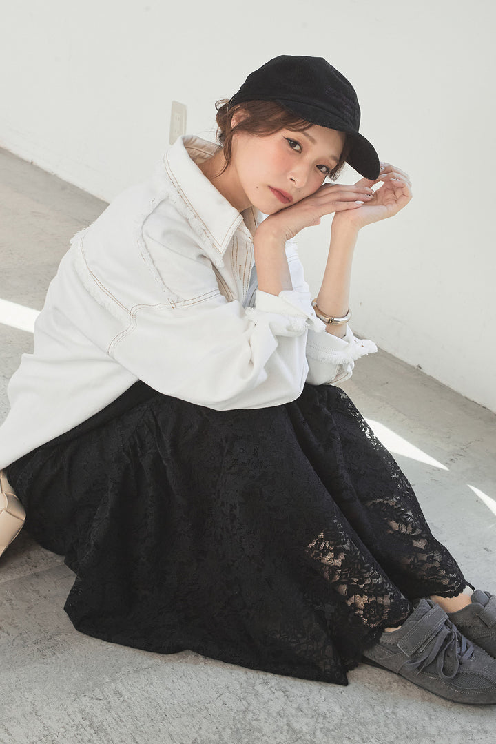 [SET]フリンジデニムジャケット+レース刺繍フレアキャミワンピース(2set)