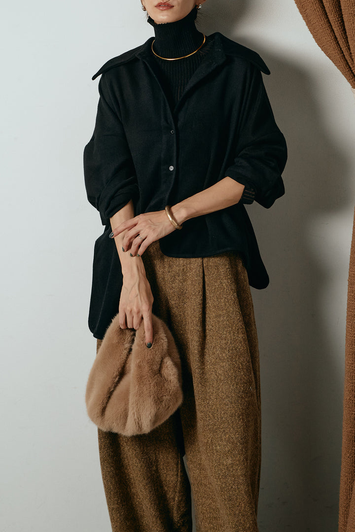 [SET]裾アシンメトリーデザインシャツ+タックツイードワイドパンツ(2set)