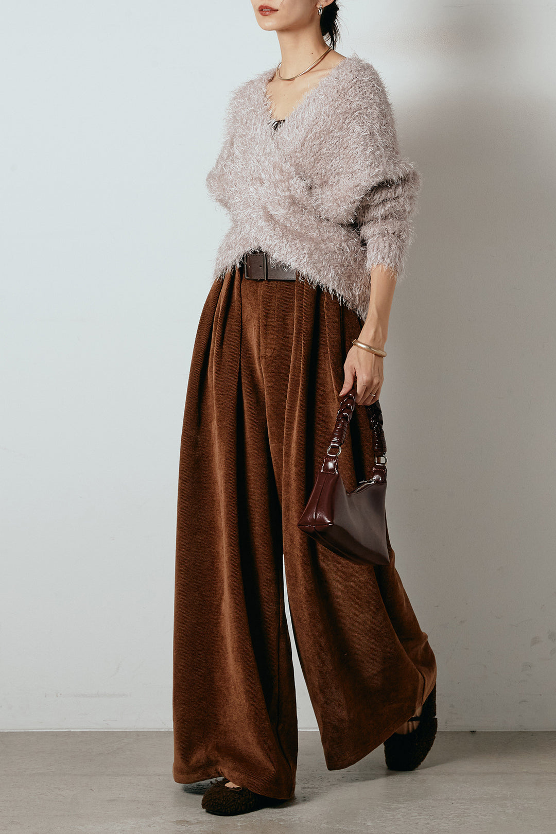 [SET]シャギークロスニットトップス+ベルトループコーデュロイワイドパンツ(2set)