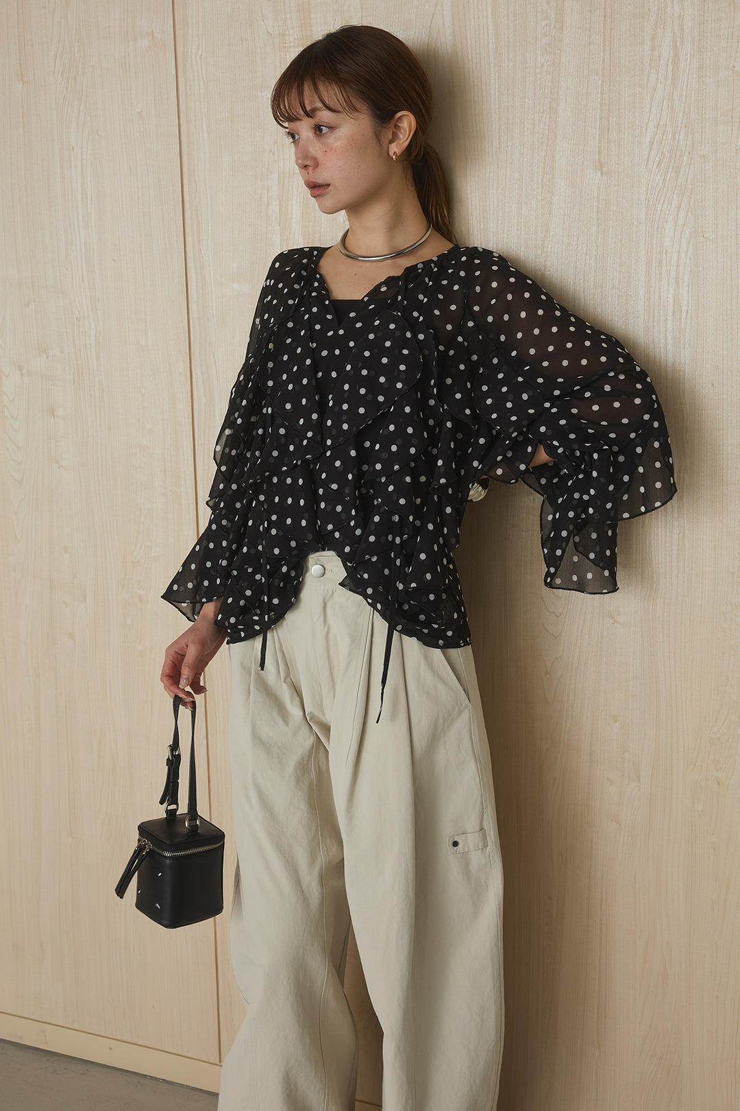 [SET]ドットフリル長袖ブラウス+コットンポリツータックセンターシームカーブパンツ(2set)