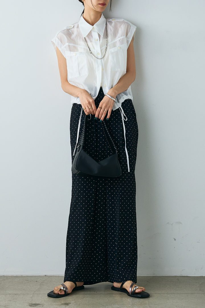 [SET]襟付きウエスト絞りシアーシャツ+ジョーゼットドットプリントストレートパンツ(2set)