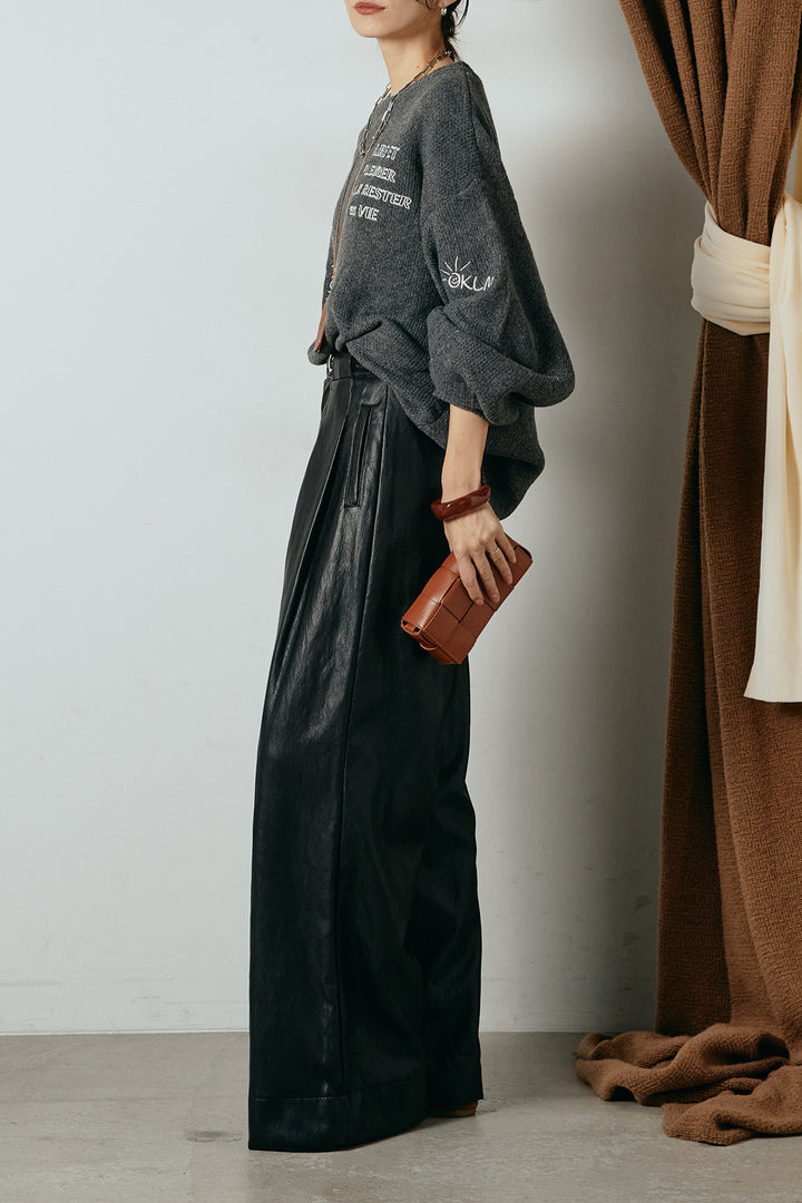 [SET]刺繍ロゴランダムデザインニットトップス+ベルト付きレザーライクタックパンツ(2set)