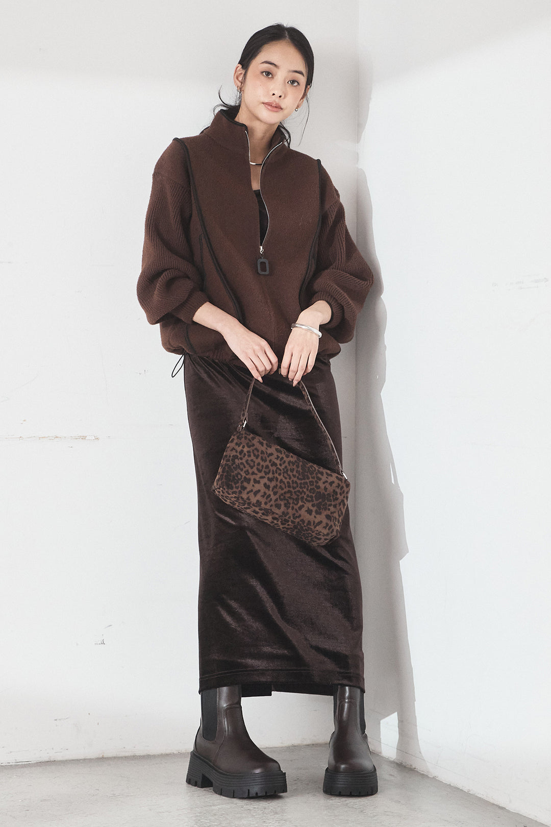 [SET]ハイネックパイピングデザインブルゾン+ベロアバレエネックワンピース(2set)