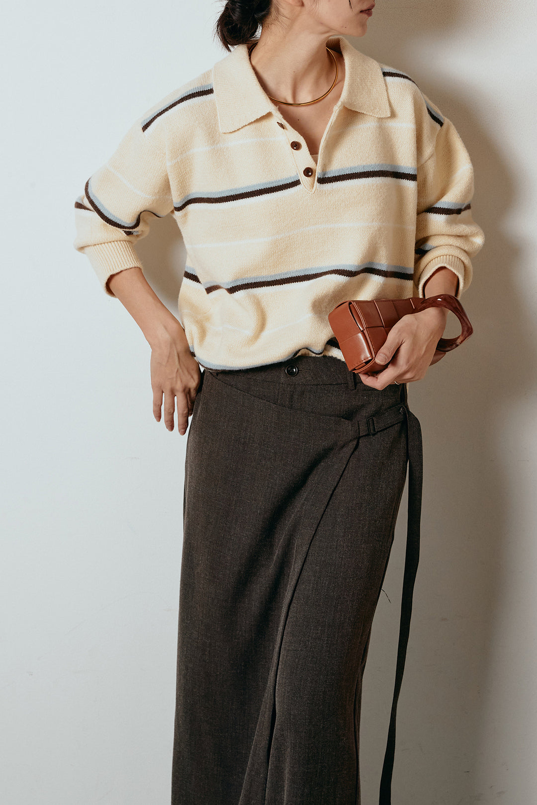 [SET]襟付きマルチボーダーニットポロトップス+ラップ巻きワイドスラックス(2set)