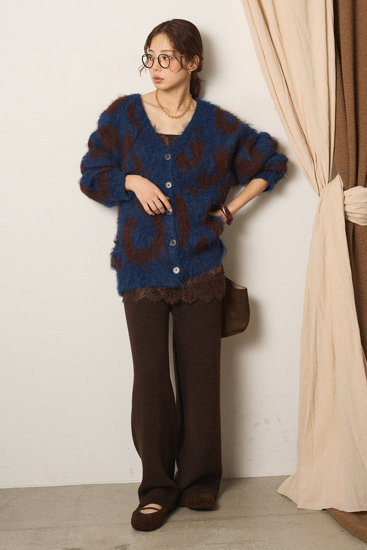 [SET]レオパードシャギータッチカーディガン+ワイドリブニットイージーパンツ(2set)