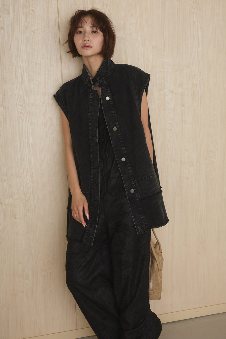 [SET]ケミカルデニムヘムカットオフジレ+レースサロペット(2set)