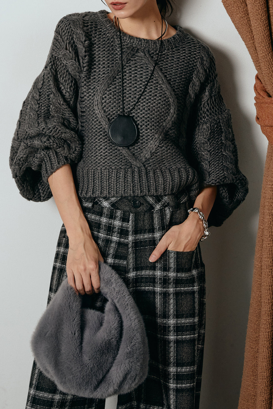 [SET]ロービングケーブルショート丈プルオーバー+ルーズタータンチェックワイドパンツ(2set)