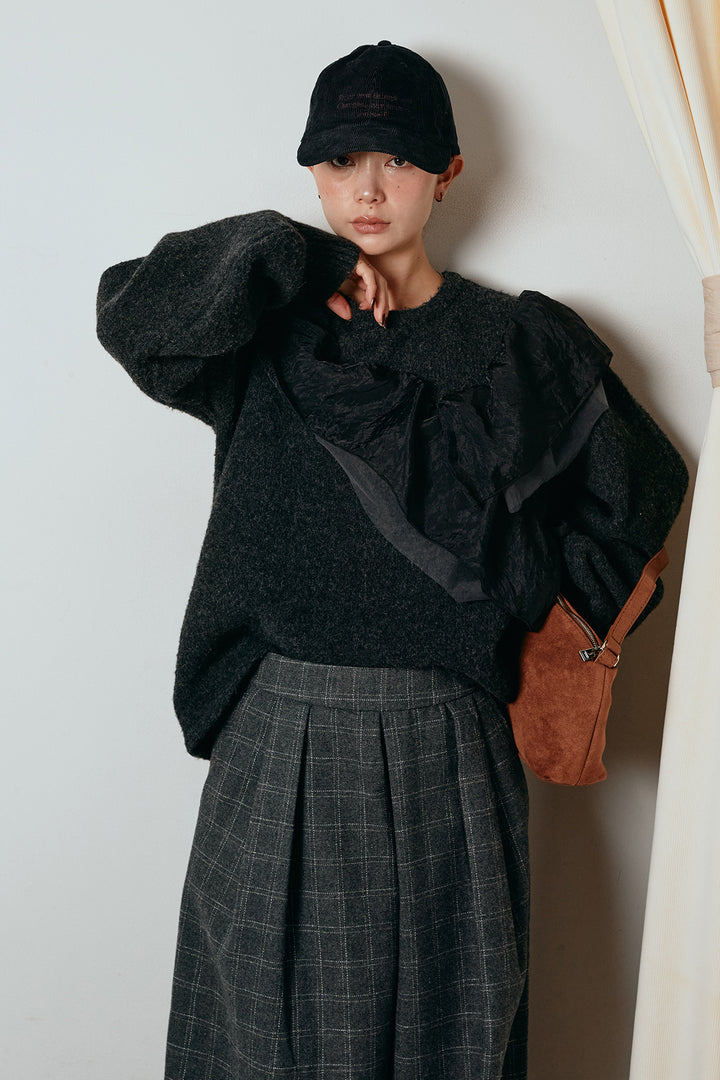[SET]アシンメトリーフリルニットトップス+ウールライクチェックタックパンツ(2set)