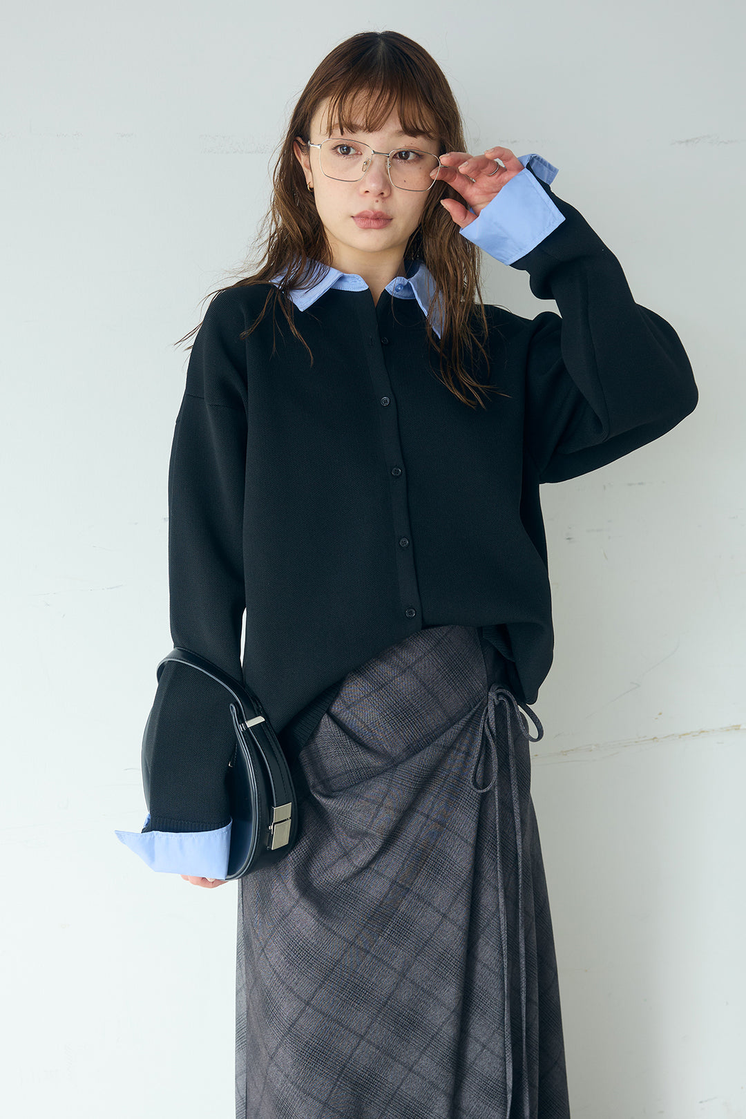 [SET]シャツレイヤード風カーディガン+タータンチェック柄フロントデザインスカート(2set)