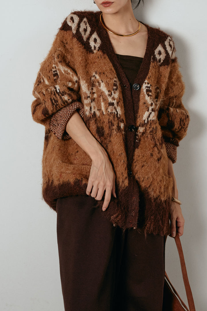 [SET]シャギーニュアンス柄ニットカーディガン+裏起毛スウェットワイドパンツ(2set)