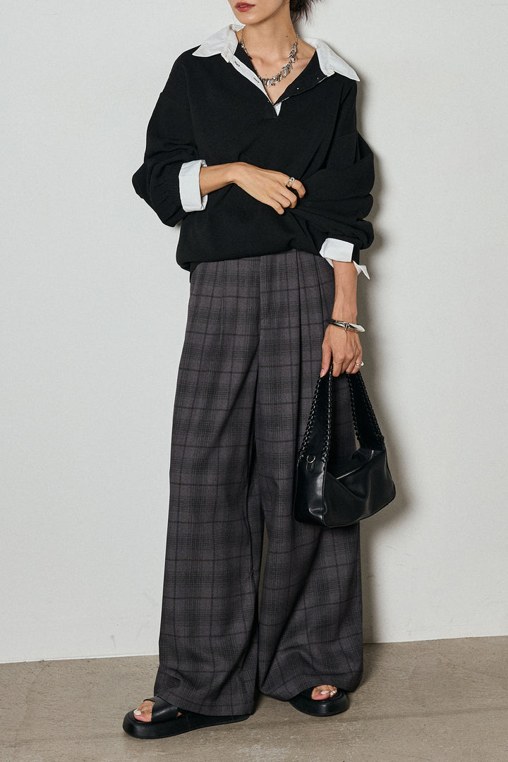 【即納】タック入りタータンチェックワイドパンツ