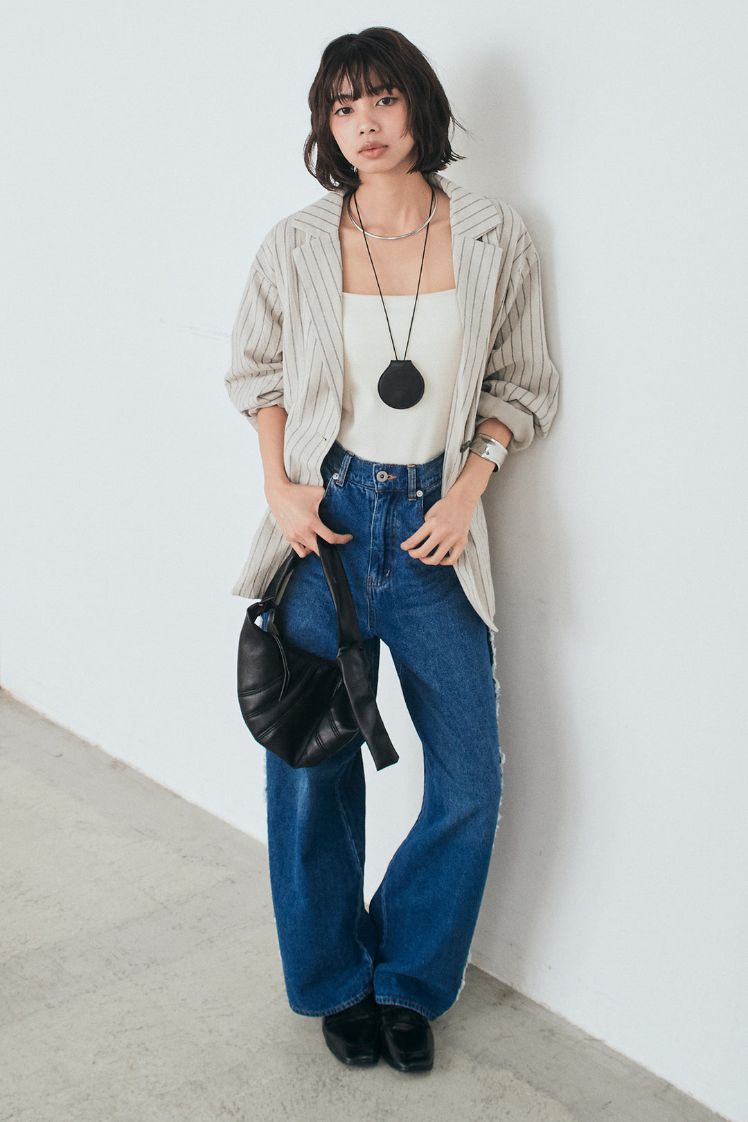 [SET]リネンライクストライプテーラードジャケット+デニムサイドフリルパンツ(2set)