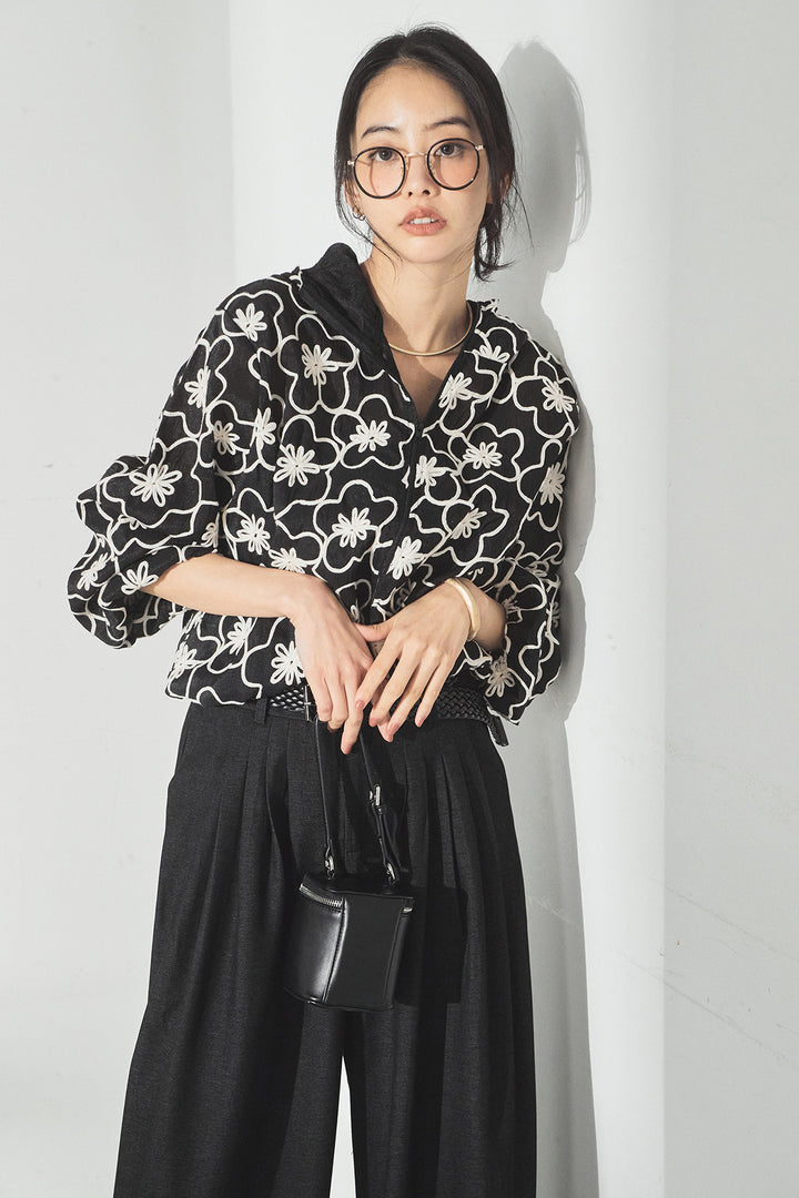 [SET]シアーフラワーフードブルゾン+編みベルト付きウエストタックワイドパンツ(2set)