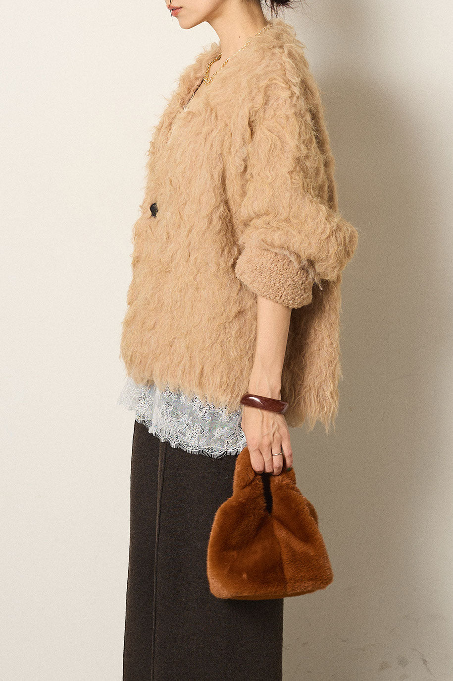 [SET]起毛シャギーニットカーディガン+レース切り替えキャミソール(2set)