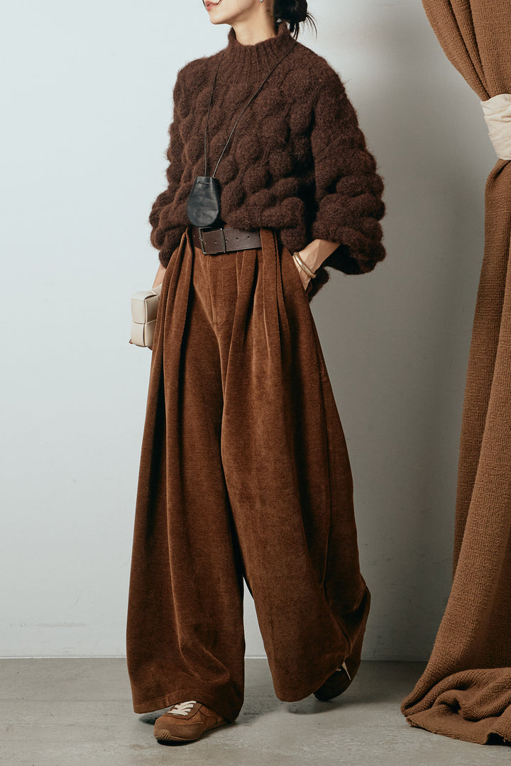 [SET]ボリュームポップコーンニットトップス+ベルトループコーデュロイワイドパンツ(2set)