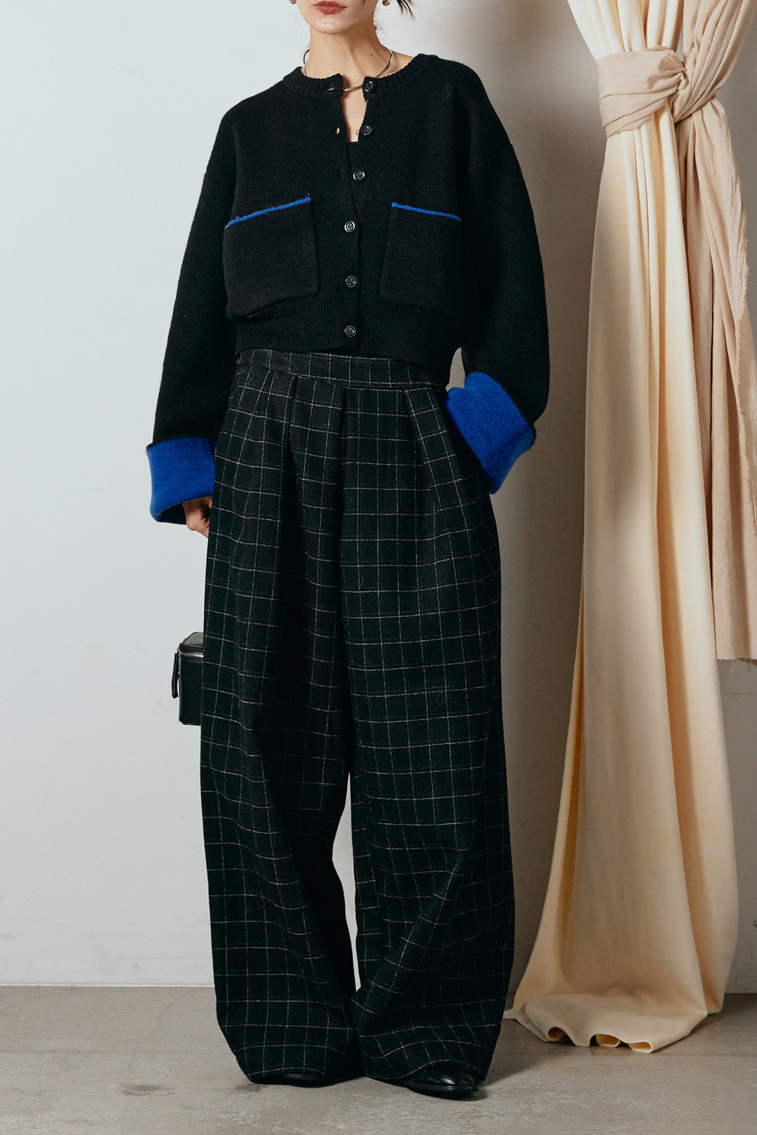 [SET]アルパカタッチダブルフェイスカーディガン+ウールライクチェックタックパンツ(2set)