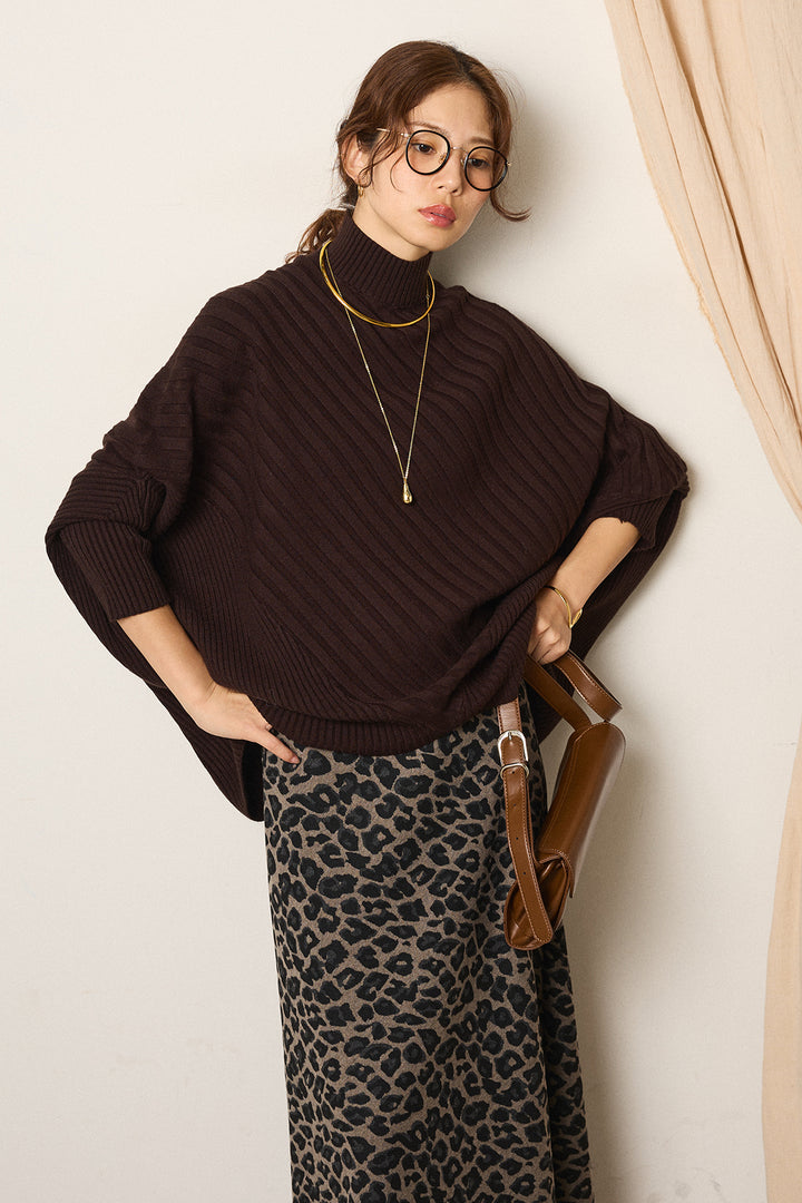 [SET]アシメデザインリブポンチョニットトップス+レオパードロングスカート(2set)