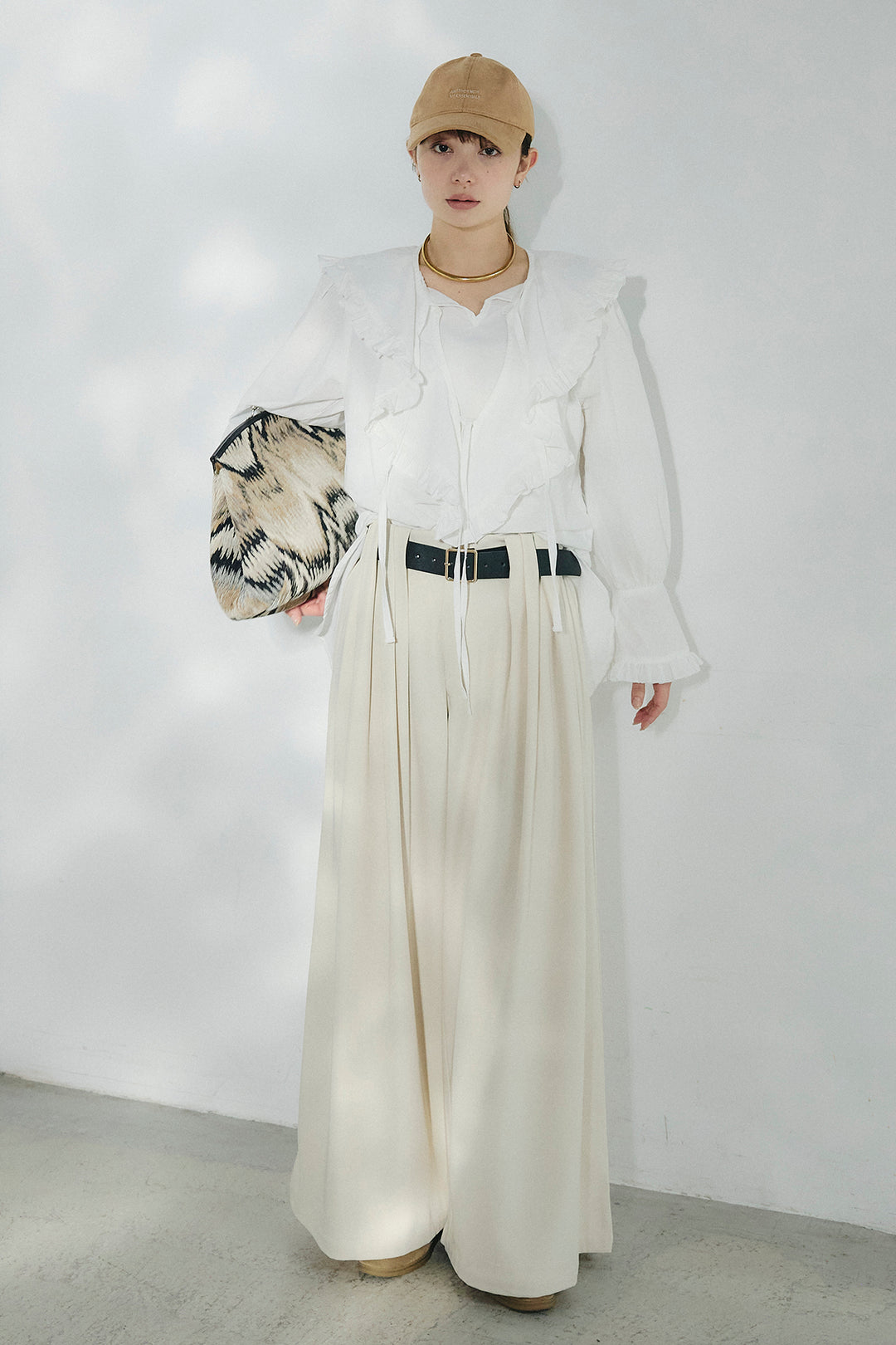 [SET]コットンフリルブラウス+ベルト付きタックデザインハイウエストロングパンツ(2set)