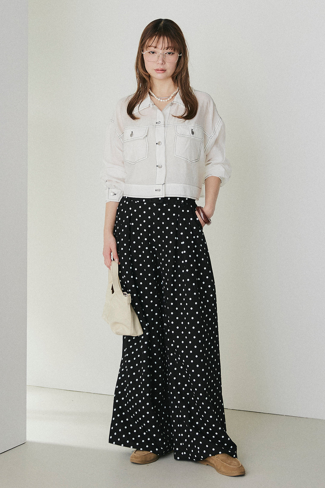[SET]配色ステッチシアーシャツ+ベルト付きドット柄ワイドパンツ(2set)