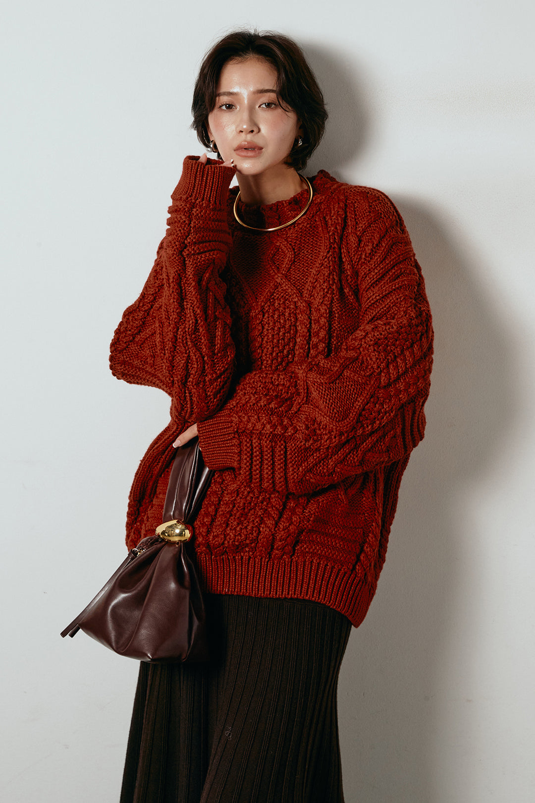 [SET]アラン柄ミックスケーブルニット+編み地切り替えフレアニットスカート(2set)