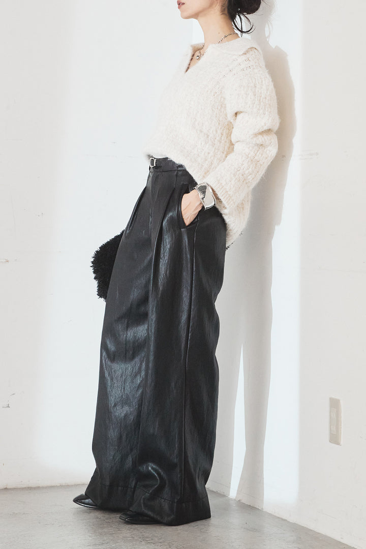 [SET]襟付きVネックニットトップス+ベルト付きレザーライクタックパンツ(2set)