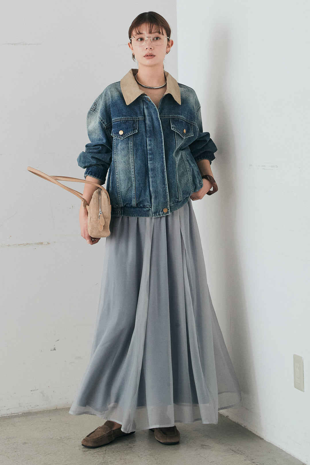 [SET]襟切り替えジップデニムジャケット+リラックスシアーフレアスカート(2set)
