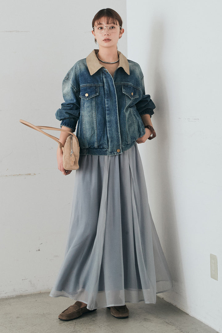 [SET]襟切り替えジップデニムジャケット+リラックスシアーフレアスカート(2set)