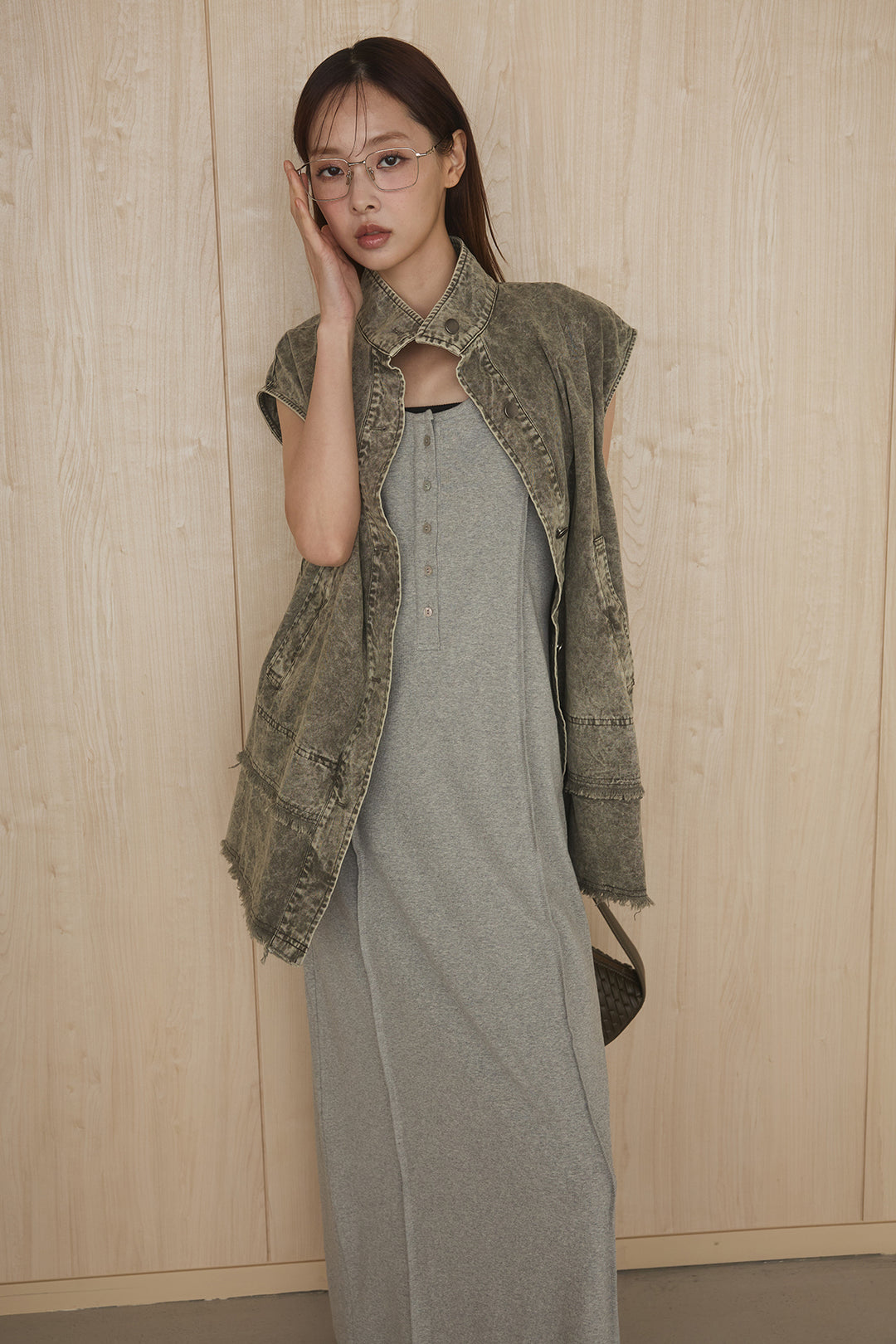 [SET]ケミカルデニムヘムカットオフジレ+ノースリロングワンピース(2set)