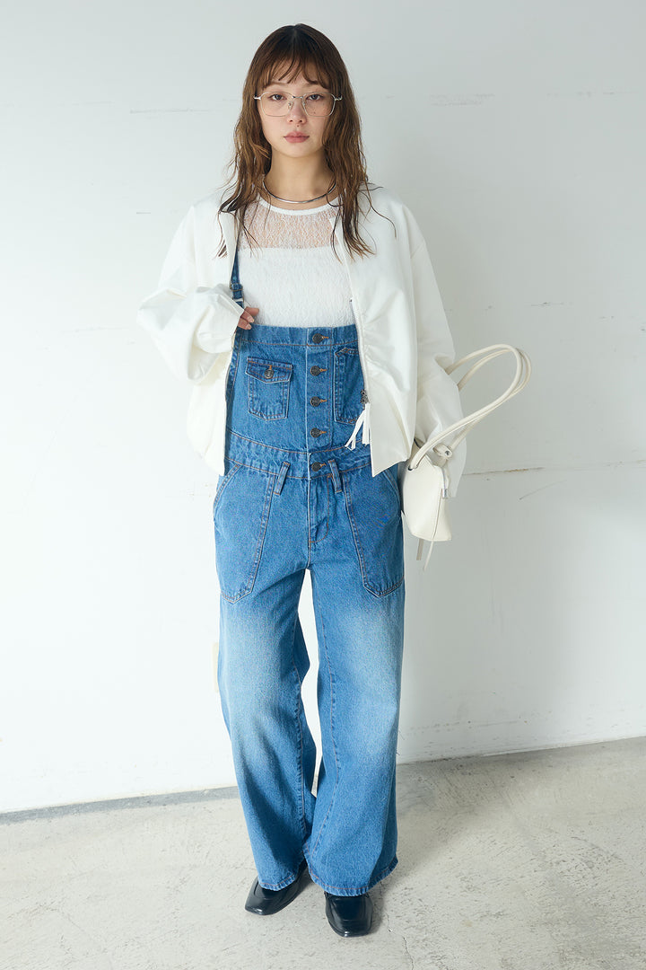 [SET]ノーカラーフロントギャザージップアウター+デニムサロペットワイドパンツ(2set)