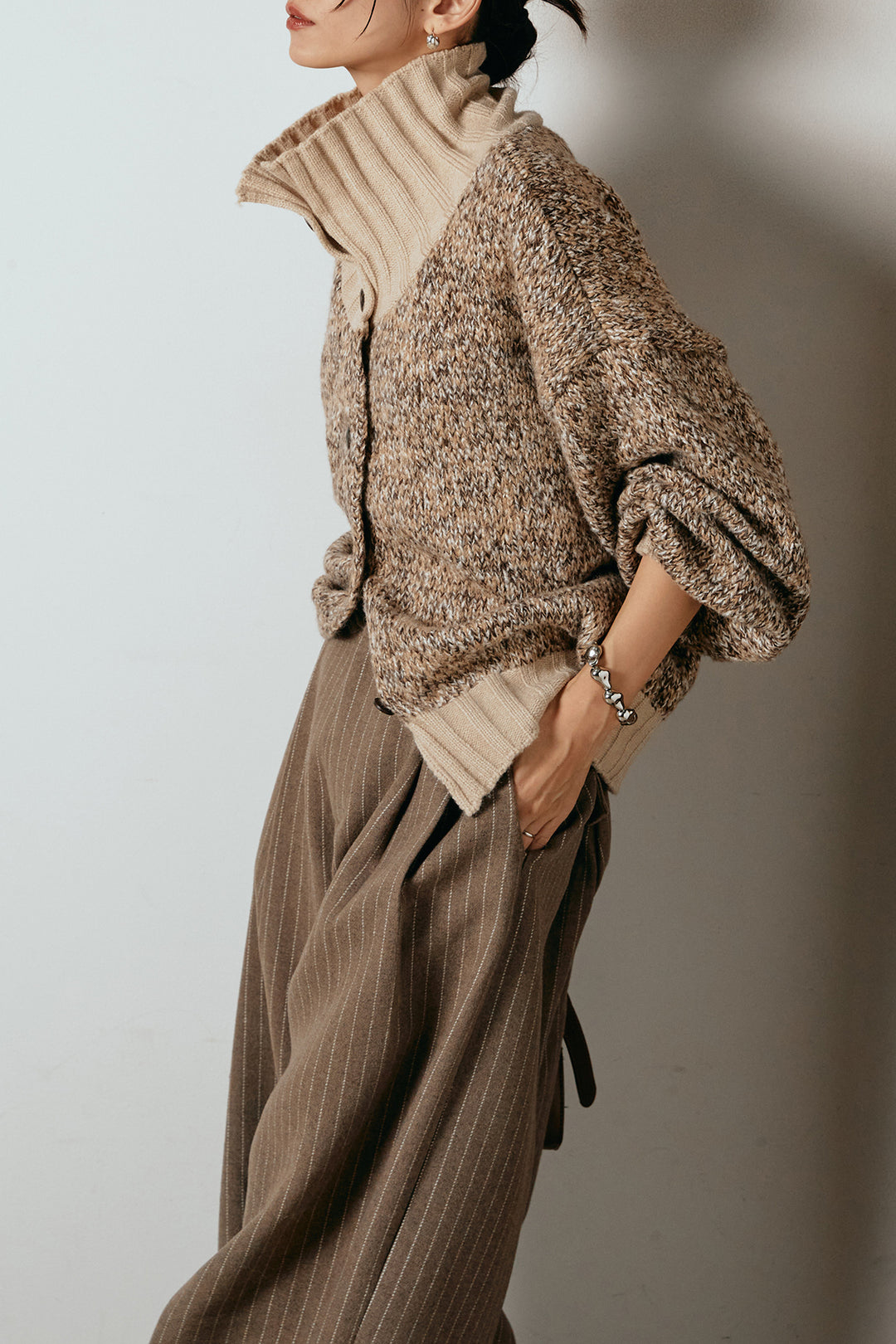 [SET]ハイネックミックスニットカーディガン+ウールライクストライプパンツ(2set)