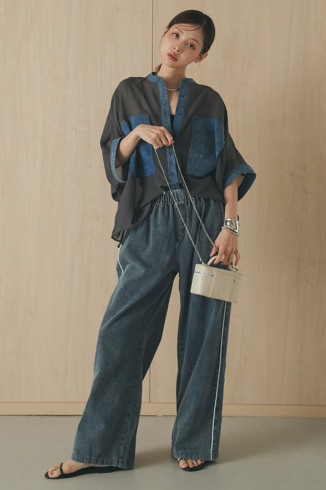 [SET]デニムライクビッグツーポケシアーシャツ+ドロストサイドラインデニムパンツ(2set)