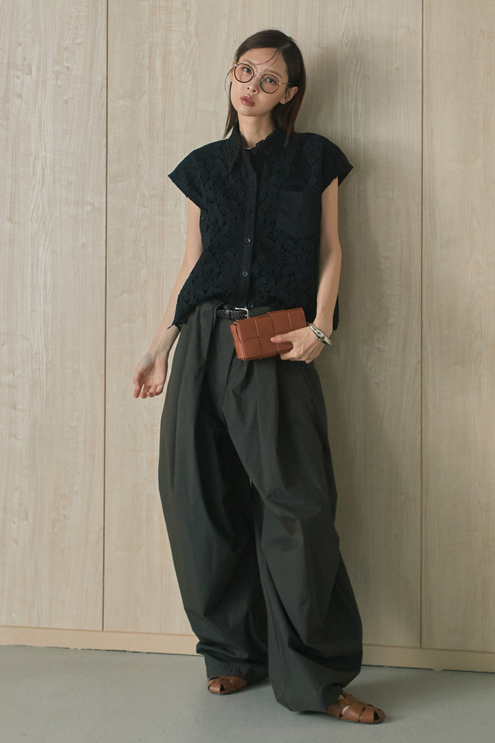 [SET]フラワーモチーフレースポケット付きフレンチシャツ+ニーサイドタックボリュームカーブパンツ(2set)