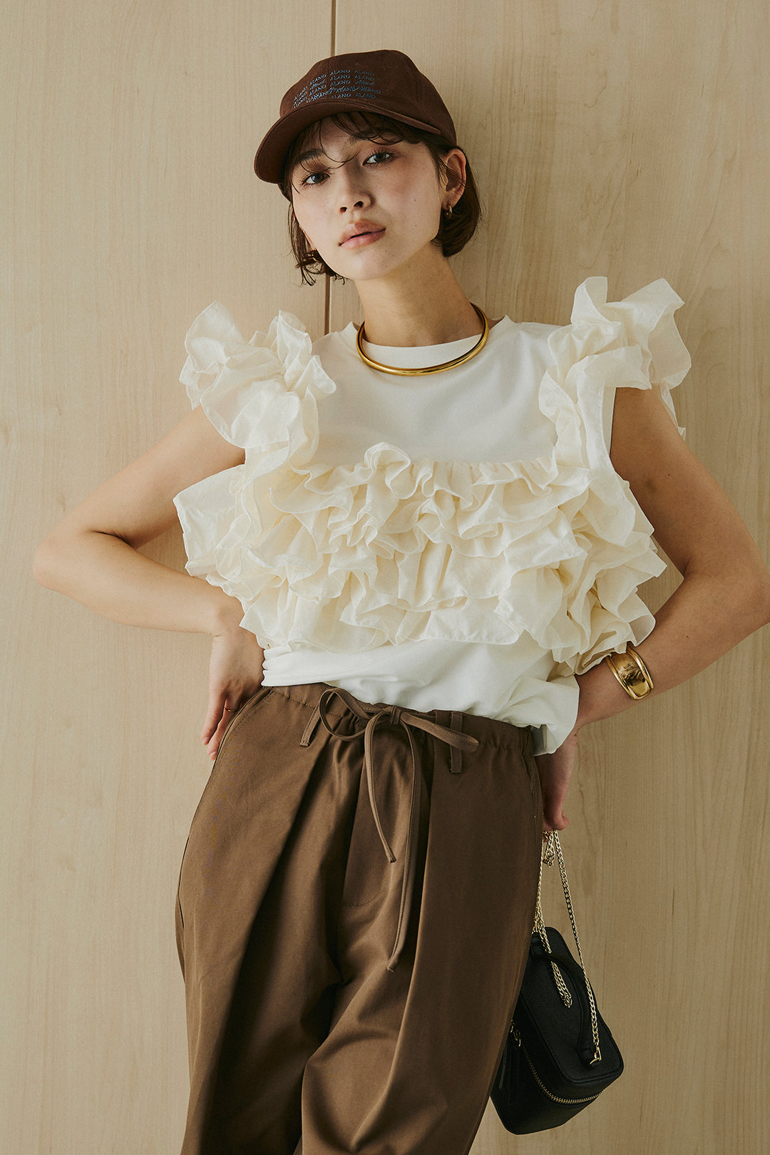 [SET]天竺ナイロンドッキングビスチェ風トップス+ニーサイドタックウエストドロスパンツ(2set)