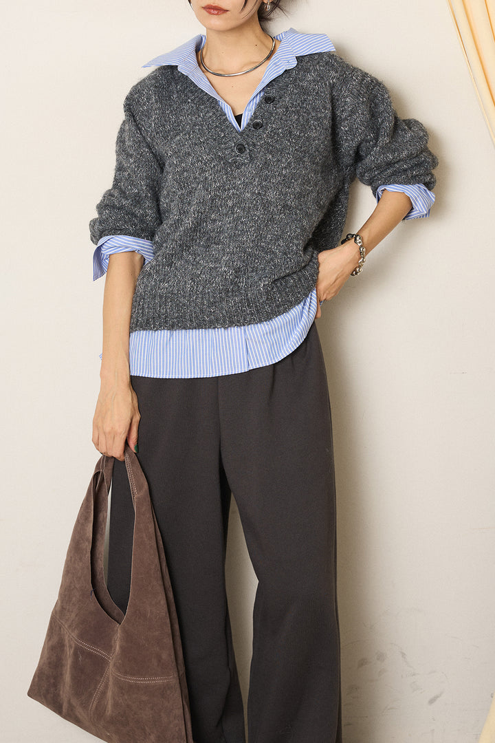 [SET]ストライプシャツドッキングニットポロトップス+裏起毛スウェットワイドパンツ(2set)