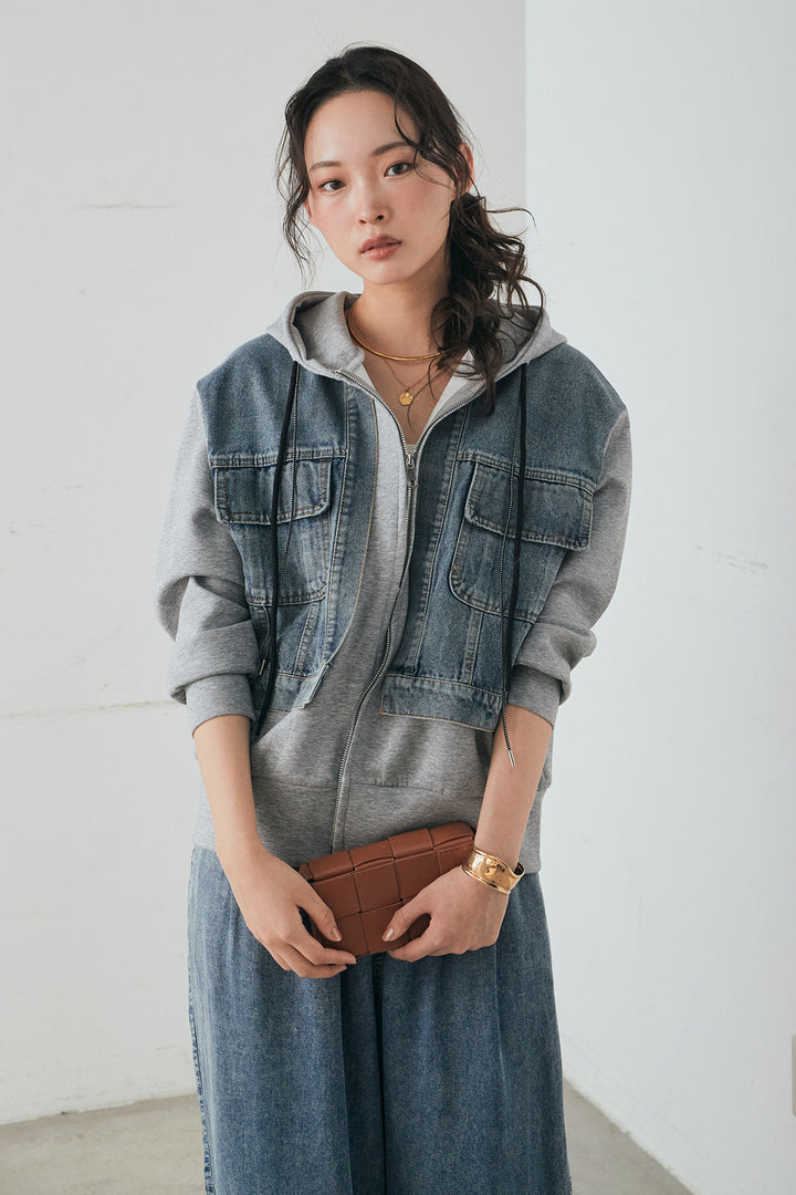 [SET]デニム切替ポンチダブルジップパーカー+テンセルデニムイージーワイドパンツ(2set)