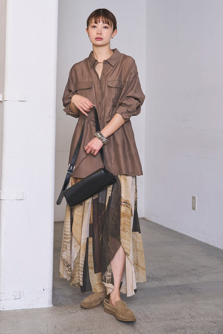 [SET]リネンブレンドシアーサファリシャツ+アートペイント柄スカート(2set)