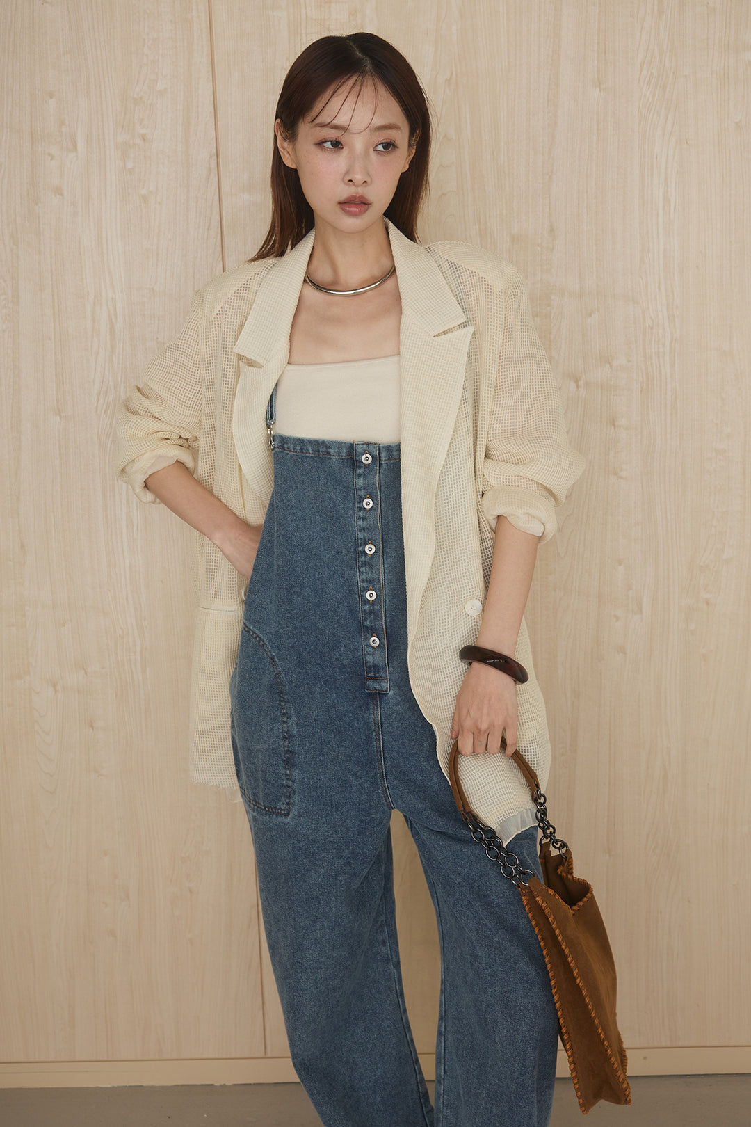 [SET]メッシュテーラードワイドジャケット+フロントボタンデニムサロペット(2set)